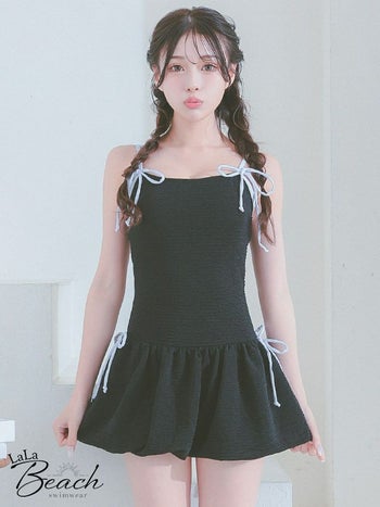 水着 ガーリー バルーンスカート バイカラーリボン 韓国風 ワンピース ビキニ