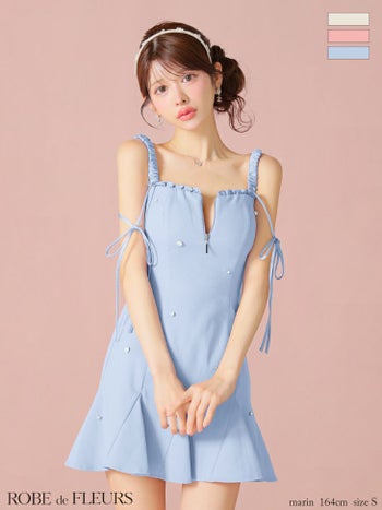 キャバドレス ROBEdeFLEURS ローブドフルール  ノースリーブ ジップデザイン ガーリー ショルダーリボン ビジュー フレアミニドレス