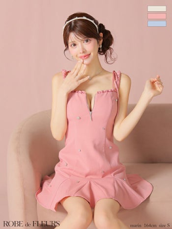 キャバドレス ROBEdeFLEURS ローブドフルール ビジュー ショルダーリボン ノースリーブ ジップデザイン ガーリー フレアミニドレス 