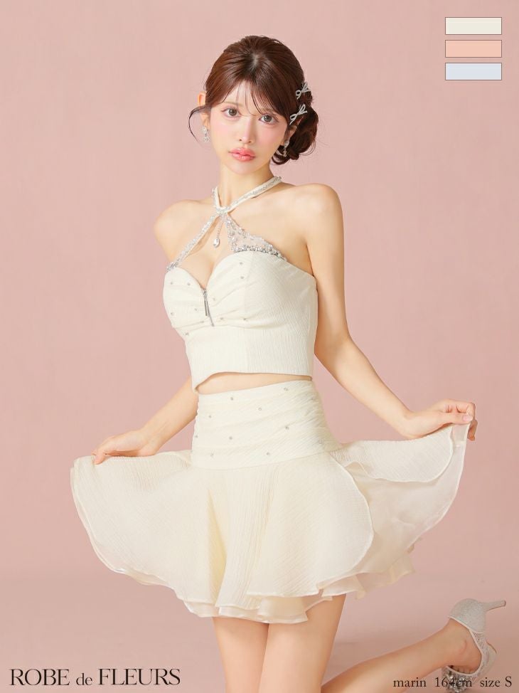 キャバドレス ROBEdeFLEURS ローブドフルール ホルターネック ジップデザイン ビジュー セットアップ シフォン ラメ フレアミニドレス 