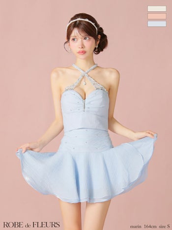 キャバドレス ROBEdeFLEURS ローブドフルール シフォン ラメ ホルターネック ジップデザイン ビジュー セットアップ フレアミニドレス 