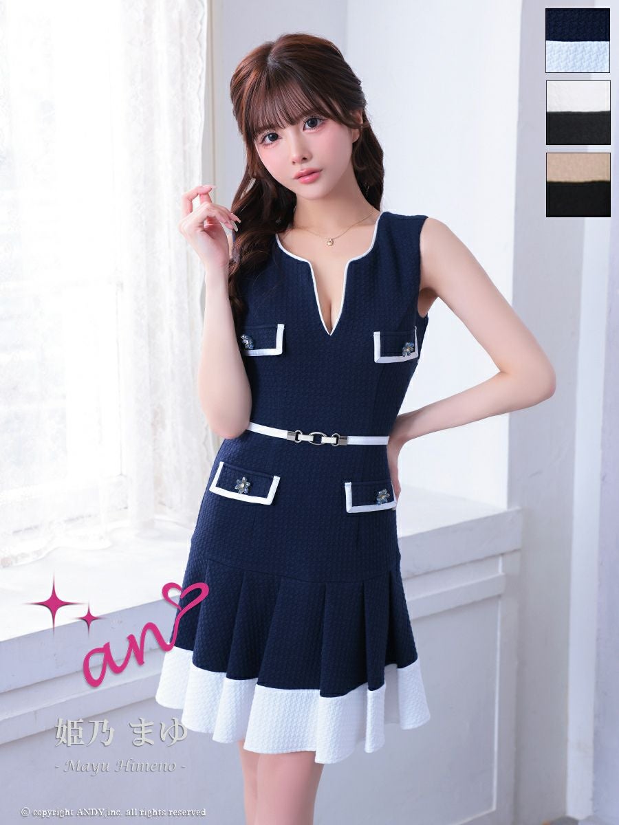 キャバドレス フレアミニドレス an アン ノースリーブ バイカラー プリーツ 飾りポケット 飾りボタン ベルト付き