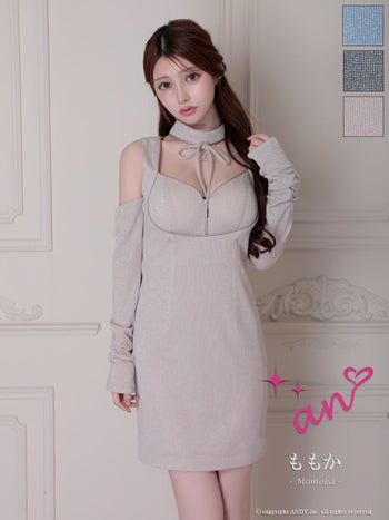 キャバドレス タイトミニドレス an アン チョーカー ラメ 長袖 肩あき ノースリーブ ジップデザイン