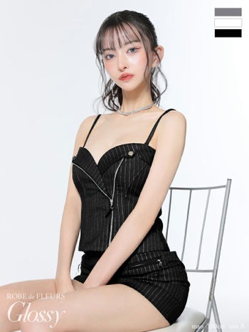 キャバドレス Glossy by ROBE de FLEURS グロッシー 2way キャミソール ジップデザイン ストライプ柄 セットアップ セクシー オープンバスト タイトミニドレス