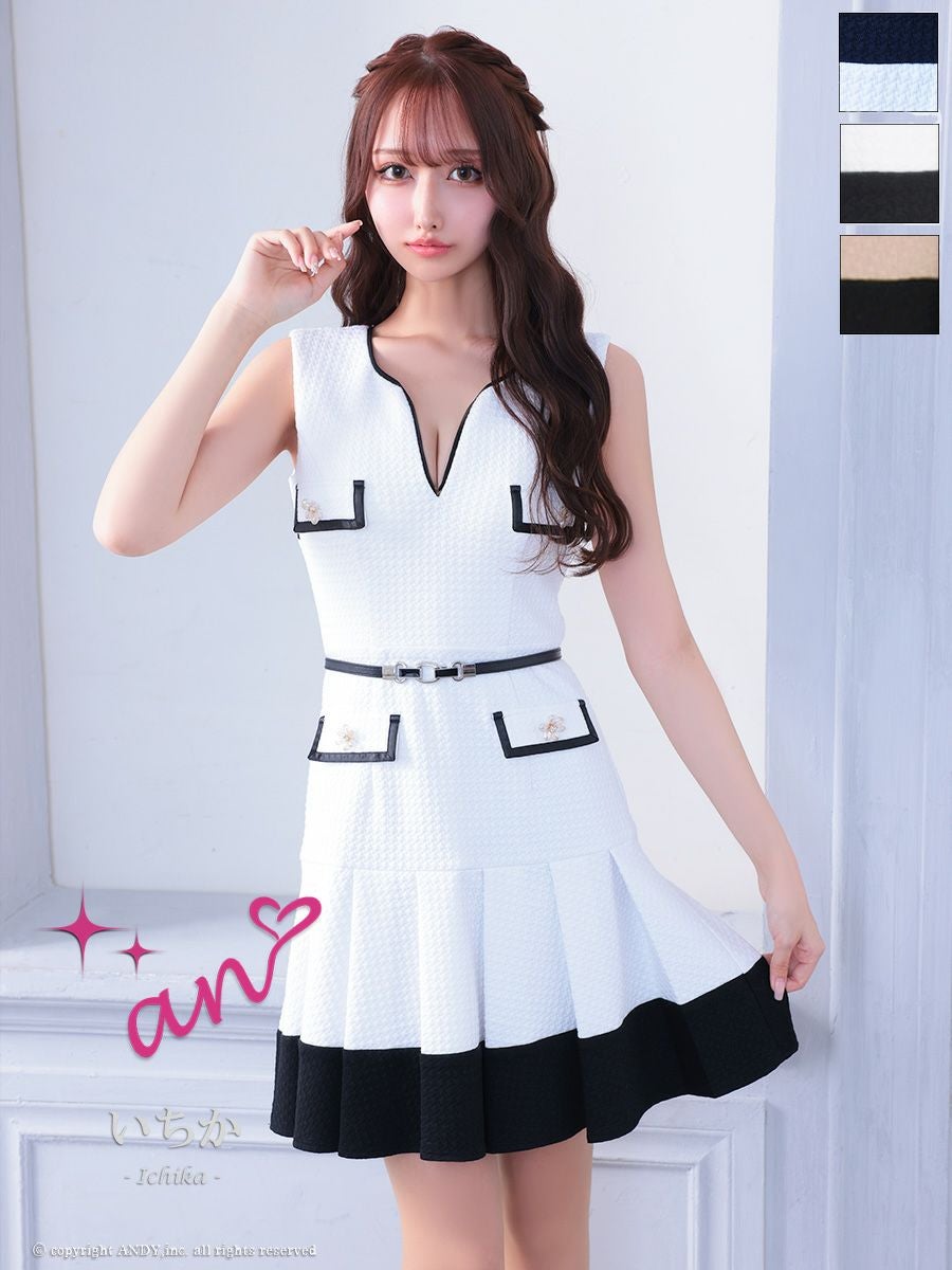 キャバドレス フレアミニドレス an アン バイカラー ノースリーブ プリーツ 飾りポケット 飾りボタン ベルト付き