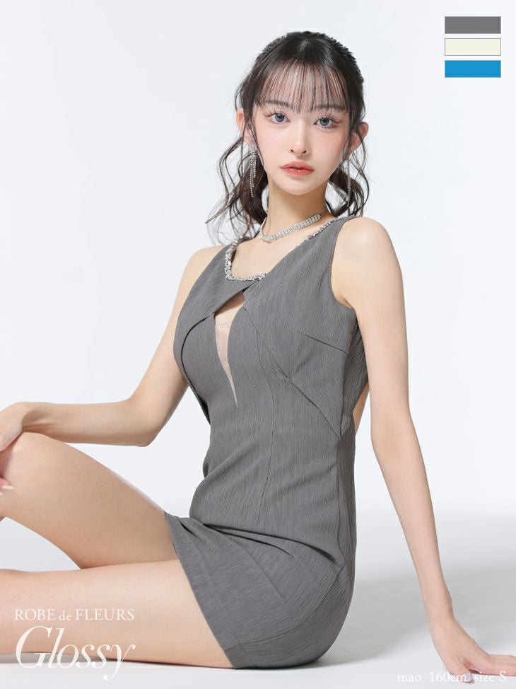 キャバドレス Glossy by ROBE de FLEURS グロッシー セクシー バストカット ノースリーブ バックオープン ビジューネック タイトミニドレス