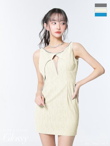 キャバドレス Glossy by ROBE de FLEURS グロッシー バストカット ノースリーブ バックオープン ビジューネック セクシー タイトミニドレス
