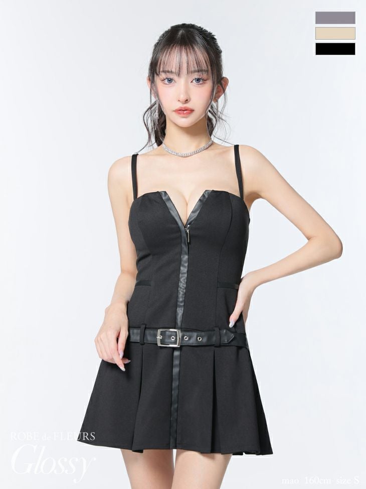 キャバドレス Glossy ROBE de FLEURS グロッシー ローブドフルール キャミソール ベルトデザイン プリーツスカート ジップデザイン フレアミニドレス