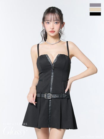 キャバドレス Glossy ROBE de FLEURS グロッシー ローブドフルール キャミソール ベルトデザイン プリーツスカート ジップデザイン フレアミニドレス