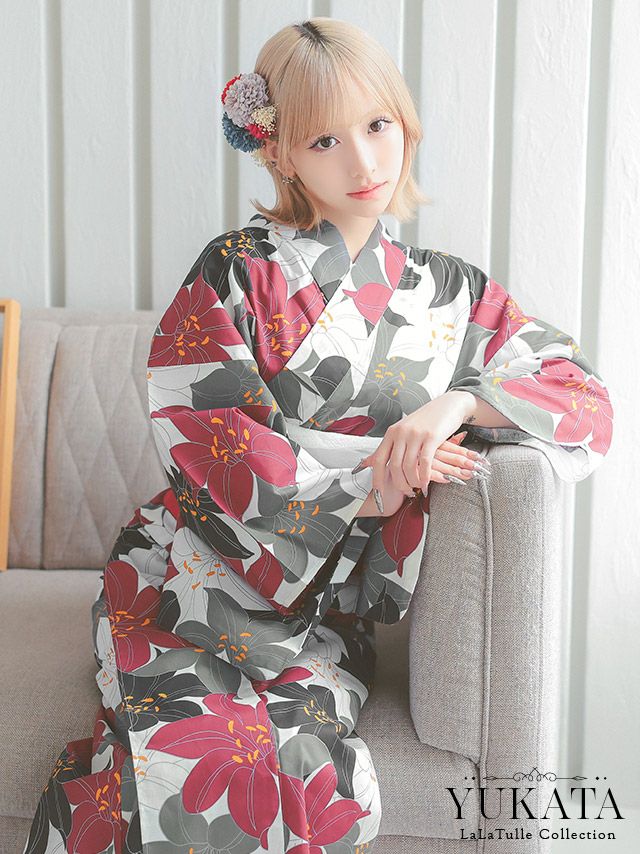 浴衣 レトロ 百合 ゆかた3点SET