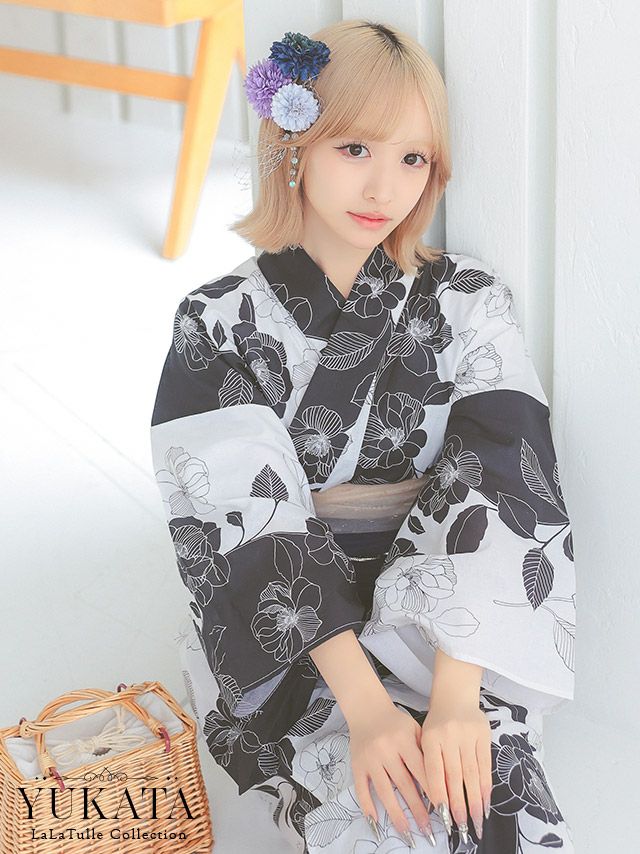 浴衣 モダン モノトーン 椿柄 ゆかた3点SET