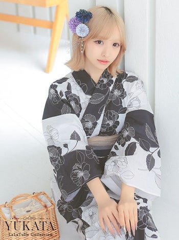 浴衣 モダン モノトーン 椿柄 ゆかた3点SET