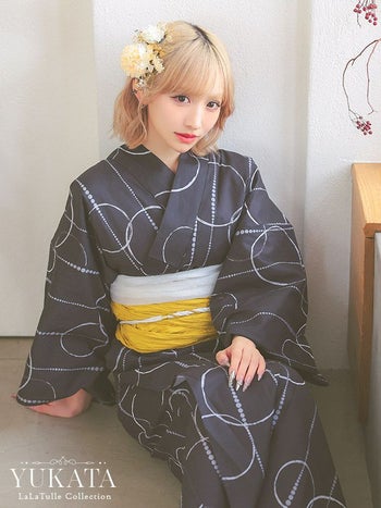 浴衣 モダン レトロ 個性的 サークル側 縞 ゆかた3点SET