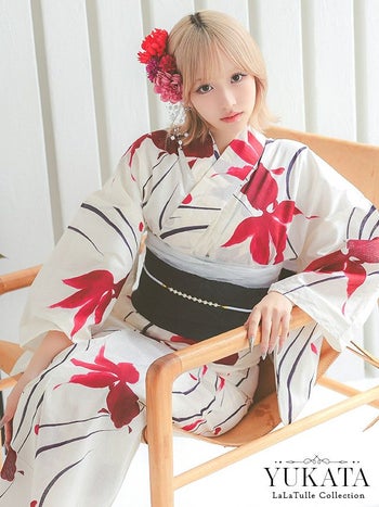 浴衣 流水紋 金魚柄 レトロ クリーム地 ゆかた3点SET