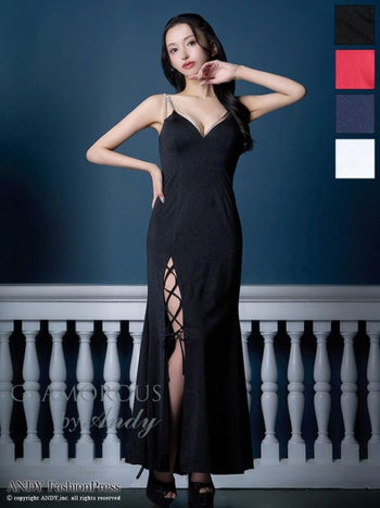 キャバドレス タイトロングドレス GLAMOROUS キャミソール ラインストーン ラメ スリット レースアップ リボン