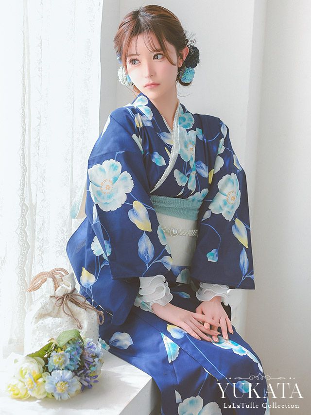 浴衣 セパレート 青地 シャクナゲ ガーリー ゆかた3点SET