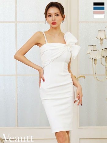 キャバドレス Veautt ヴュート ワンショルダー パールストラップ付き ビッグリボン バックスリット フェミニン 膝丈ドレス