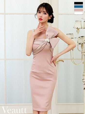 キャバドレス Veautt ヴュート ビッグリボン バックスリット フェミニン ワンショルダー パールストラップ付き 膝丈ドレス