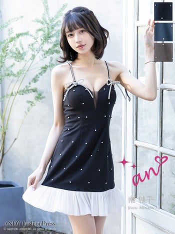 キャバドレス an アン キャミソール ビジュー バイカラー ドット柄 裾フリル リボン バストシースルー フレアミニドレス