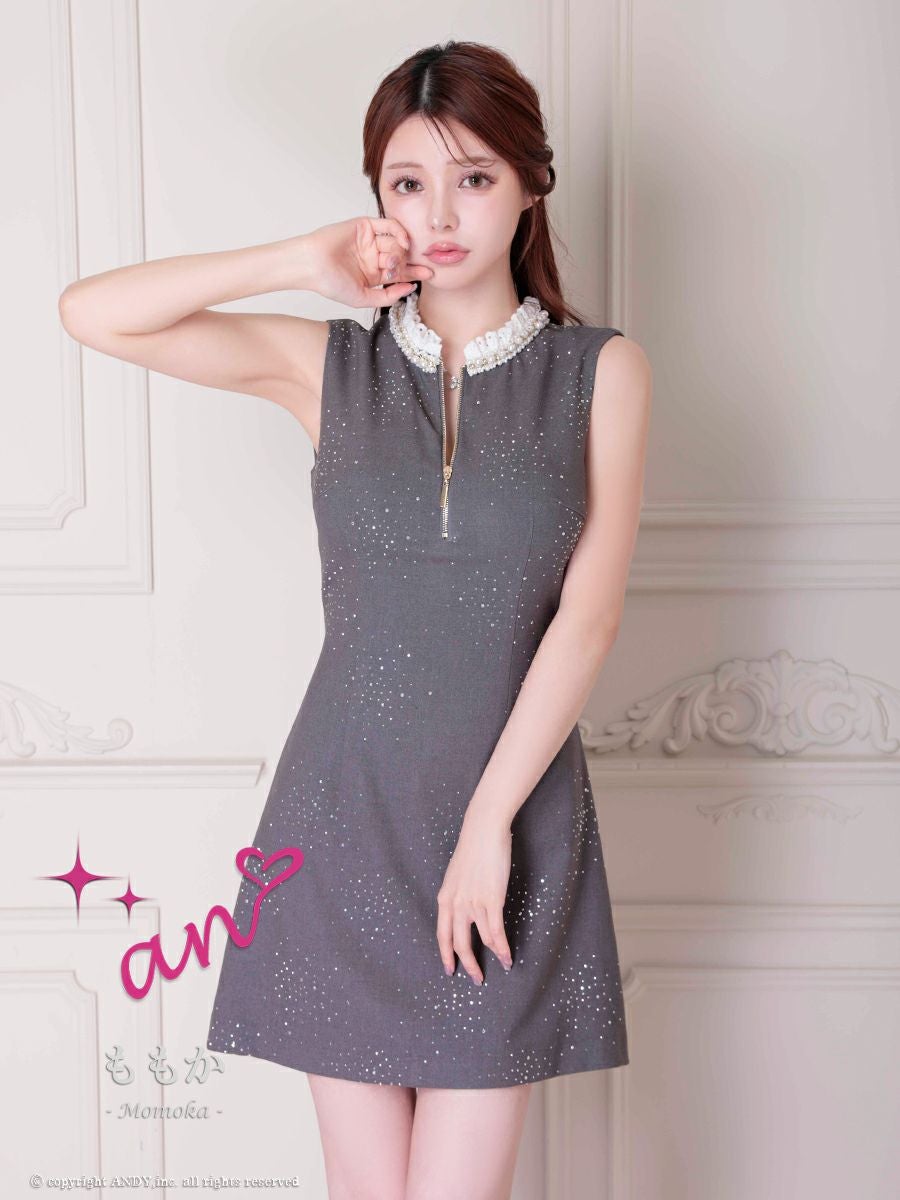 キャバドレス フレアミニドレス an アン 背中開き パール付き ジップデザイン Aライン ノースリーブ 