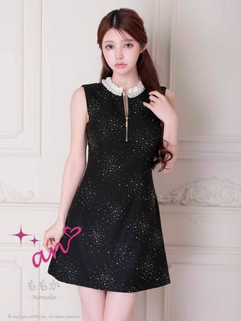 キャバドレス フレアミニドレス an アン 背中開き パール付き ジップデザイン Aライン ノースリーブ 