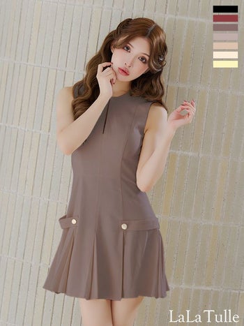 キャバドレス DEA. ROBE de FLEURS ディア ローブドフルール サイドベルトデザイン ノースリーブ プリーツスカート オープンバスト ワンカラー シンプル フレアミニドレス 