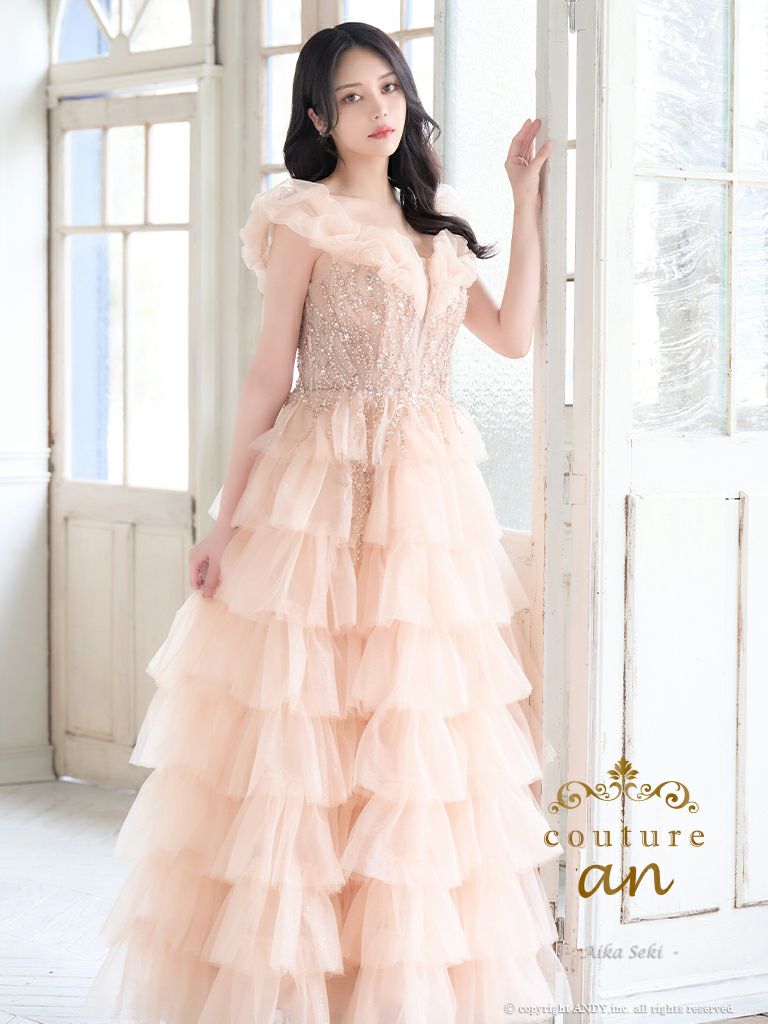 キャバドレス couture an オフショルダー ラメ ビジュー シアー フリル ティアード チュール レースアップ バースデー Aラインロングドレス