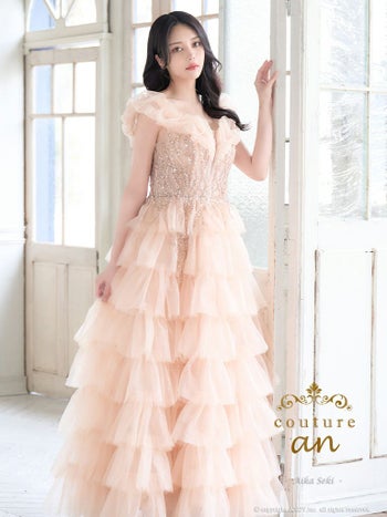 キャバドレス couture an オフショルダー ラメ ビジュー シアー フリル ティアード チュール レースアップ バースデー Aラインロングドレス