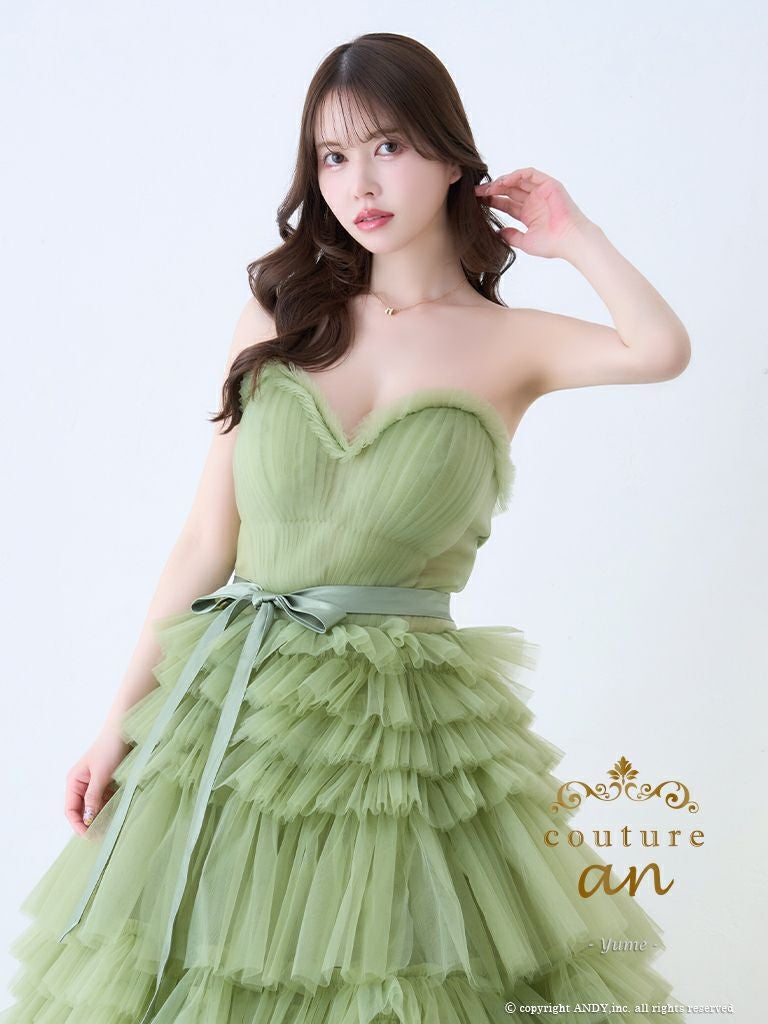 キャバドレス couture an ワンカラー ウエストリボン フリル ベアトップ チュール レースアップ バースデー Aラインロングドレス