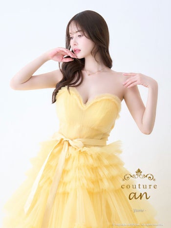 キャバドレス couture an ワンカラー ウエストリボン フリル チュール ベアトップ レースアップ バースデー Aラインロングドレス