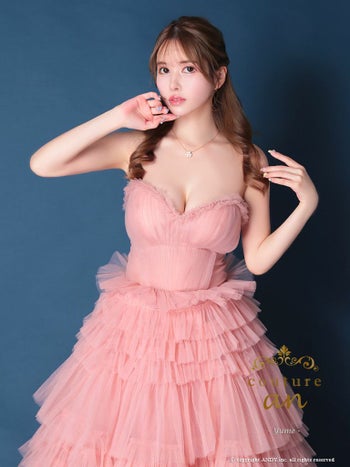 キャバドレス couture an ワンカラー ウエストリボン フリル チュール レースアップ ベアトップ バースデー Aラインロングドレス