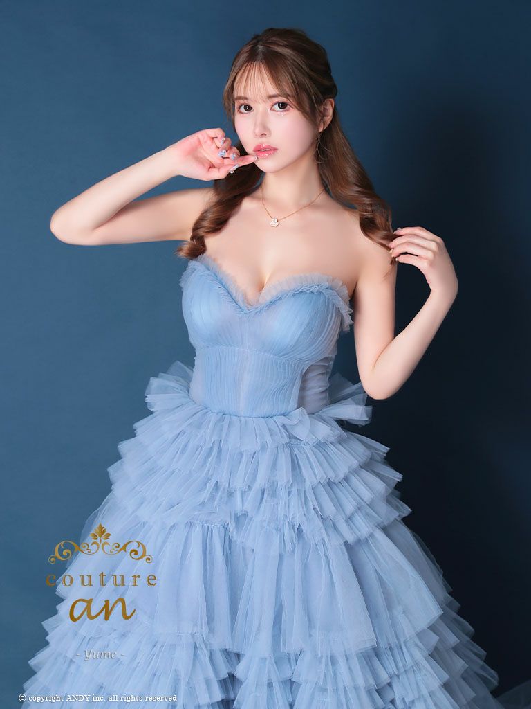 キャバドレス couture an エストリボン ワンカラー フリル チュール レースアップ ベアトップ バースデー Aラインロングドレス