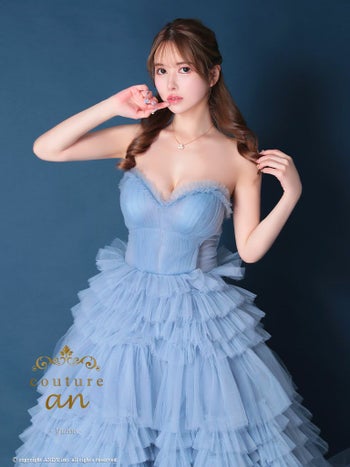 キャバドレス couture an エストリボン ワンカラー フリル チュール レースアップ ベアトップ バースデー Aラインロングドレス