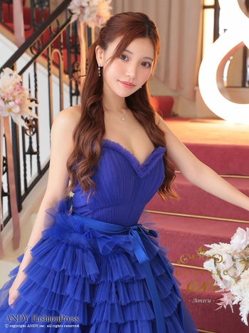 キャバドレス couture an ベアトップ ウエストリボン ワンカラー フリル チュール レースアップ バースデー Aラインロングドレス