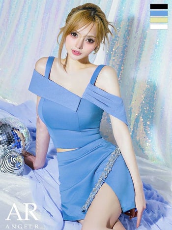 キャバドレス Angel R エンジェルアール フェミニン 肩あき アシンメトリー ビジュー スリット セットアップ タイトミニドレス