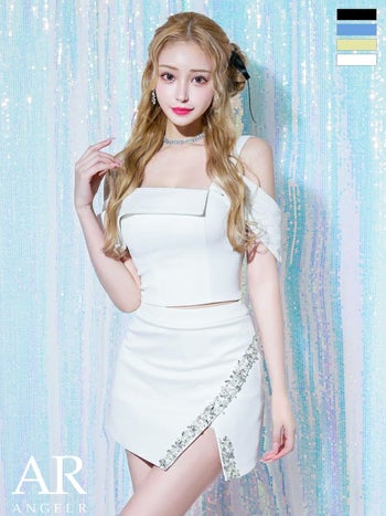 キャバドレス Angel R エンジェルアール ビジュー スリット セットアップ フェミニン 肩あき アシンメトリー タイトミニドレス
