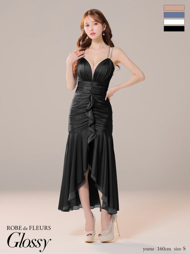 キャバドレス Glossy ROBE de FLEURS グロッシー ローブドフルール フリル シンプル サテン キャミソール フレア マーメイドロングドレス 
