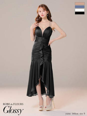 キャバドレス Glossy ROBE de FLEURS グロッシー ローブドフルール フリル シンプル サテン キャミソール フレア マーメイドロングドレス 