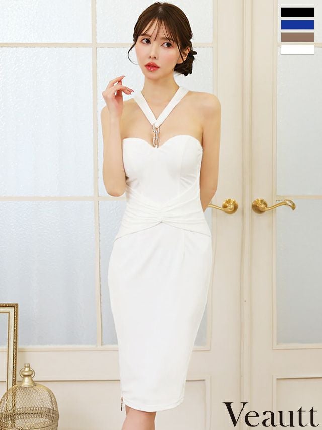 キャバドレス Veautt ヴュート オープンバスト ホルターネック フロントチャーム ベアシルエット ウエストギャザー ジップデザイン セクシー 膝丈ドレス