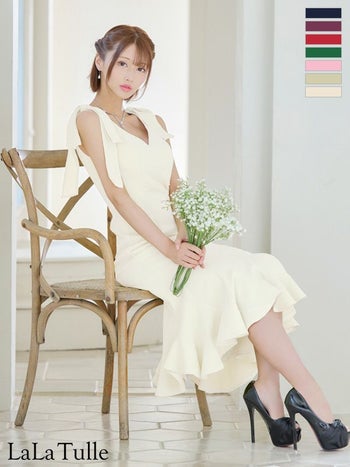 キャバドレス DEA. ROBE de FLEURS ディア ローブドフルール ワンカラー ノースリーブ ラメツイル ショルダーリボン シンプル マーメイド タイト 膝丈ドレス 