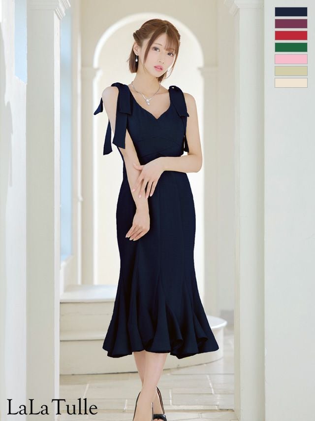 キャバドレス DEA. ROBE de FLEURS ディア ローブドフルール シンプル ラメツイル ワンカラー ノースリーブ ショルダーリボン マーメイド タイト 膝丈ドレス