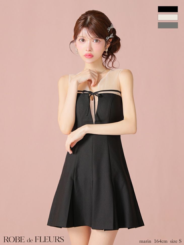 キャバドレス ROBEdeFLEURS ローブドフルール センターリボン シアー チュール ノースリーブ フレアミニドレス 