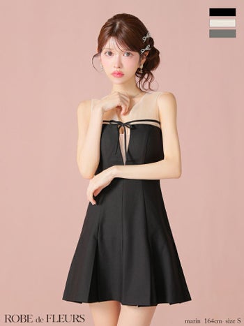 キャバドレス ROBEdeFLEURS ローブドフルール センターリボン シアー チュール ノースリーブ フレアミニドレス 