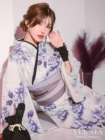 浴衣 白地 水彩 幻想 牡丹柄 ゆかた3点SET