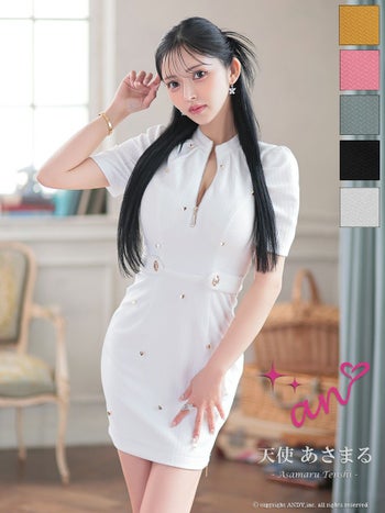 キャバドレス タイトミニドレス an アン バックリボン パフスリーブ ハートボタン 袖あり ジップデザイン