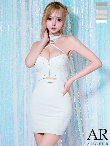 キャバドレス Angel R エンジェルアール ジップデザイン パールチェーン チョーカー風 ホルターネック クロスデザイン タイトミニドレス