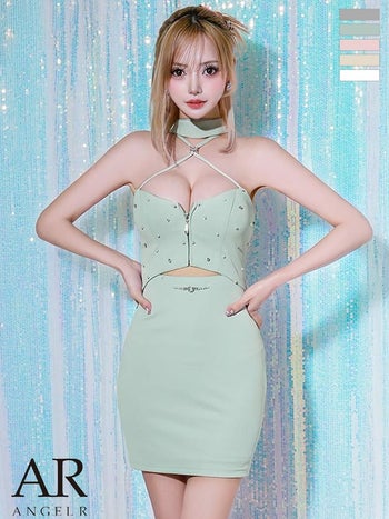 キャバドレス Angel R エンジェルアール チョーカー風 ホルターネック クロスデザイン パールチェーン ジップデザイン タイトミニドレス