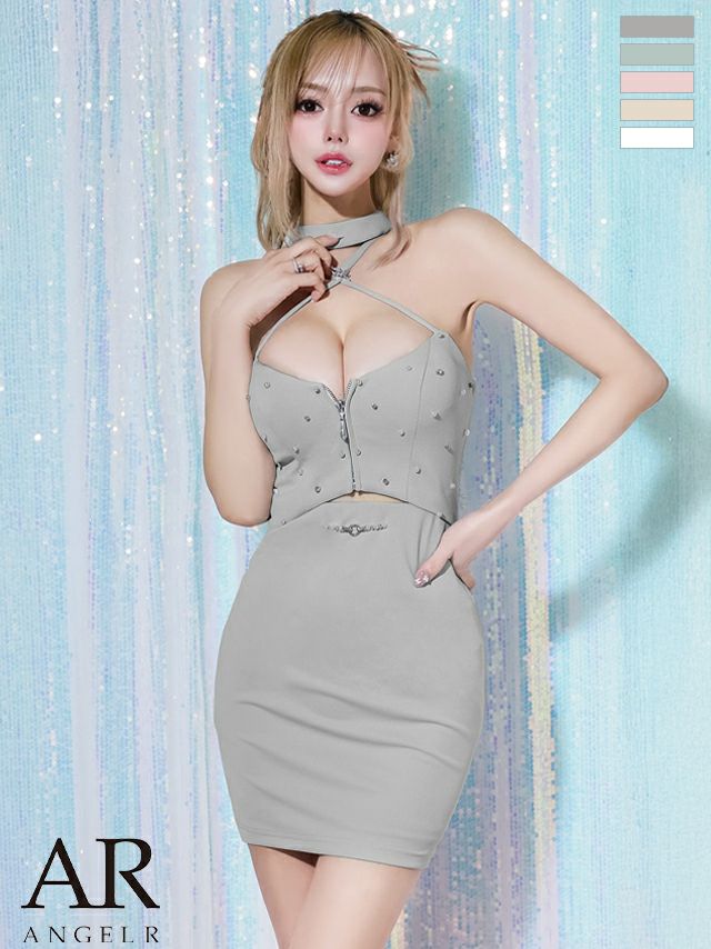 キャバドレス Angel R エンジェルアール クロスデザイン パールチェーン チョーカー風 ホルターネック ジップデザイン タイトミニドレス