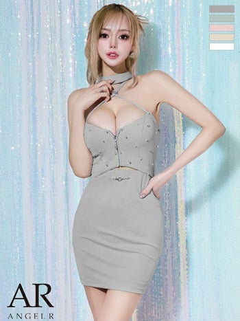 キャバドレス Angel R エンジェルアール クロスデザイン パールチェーン チョーカー風 ホルターネック ジップデザイン タイトミニドレス