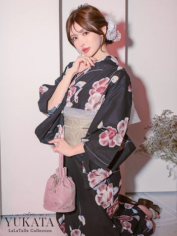 浴衣 セパレート シャクナゲ 黒地 ピンク ガーリー ゆかた3点SET 